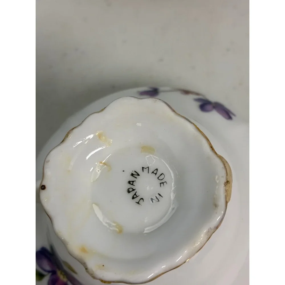 Vintage Made in Japan Purple Violet Floral Porcelain Tea Cup and Saucer Set Gold